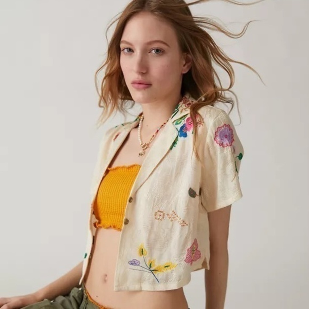 UO Eden embroidered button down shirt crop top boxy